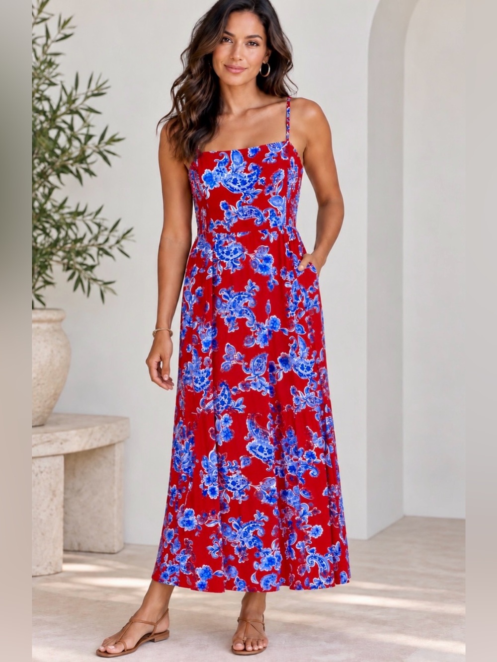 Tommy Hilfiger Red Blue Paisley Tiered Maxi Dress S/P NWOT